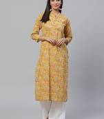 Yellow Cotton printed QUARTER SLEEVE kurti