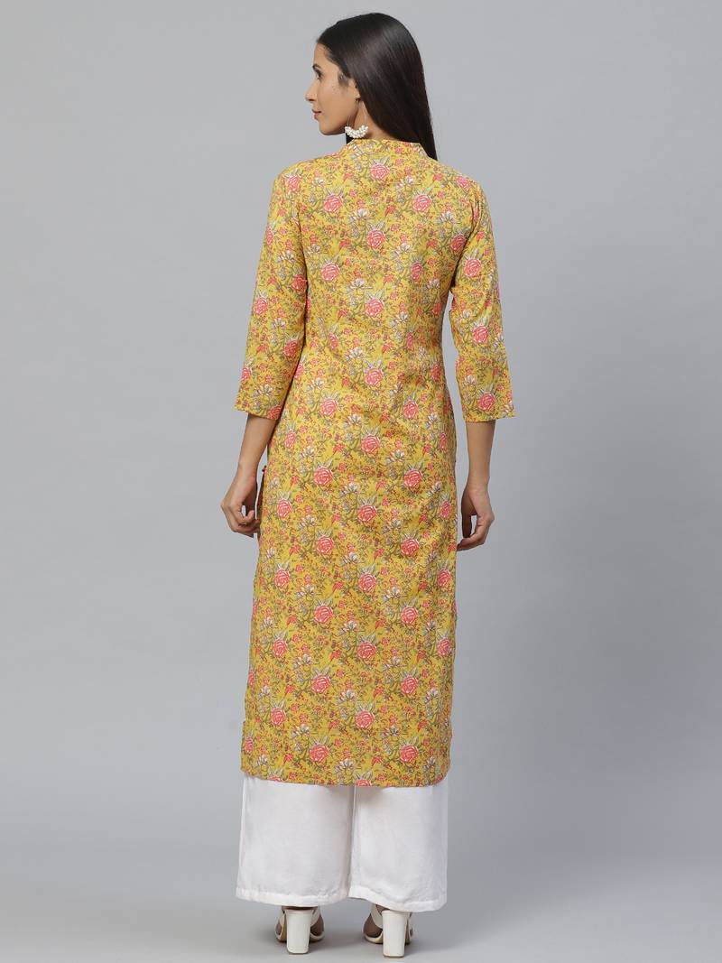 Yellow Cotton printed QUARTER SLEEVE kurti