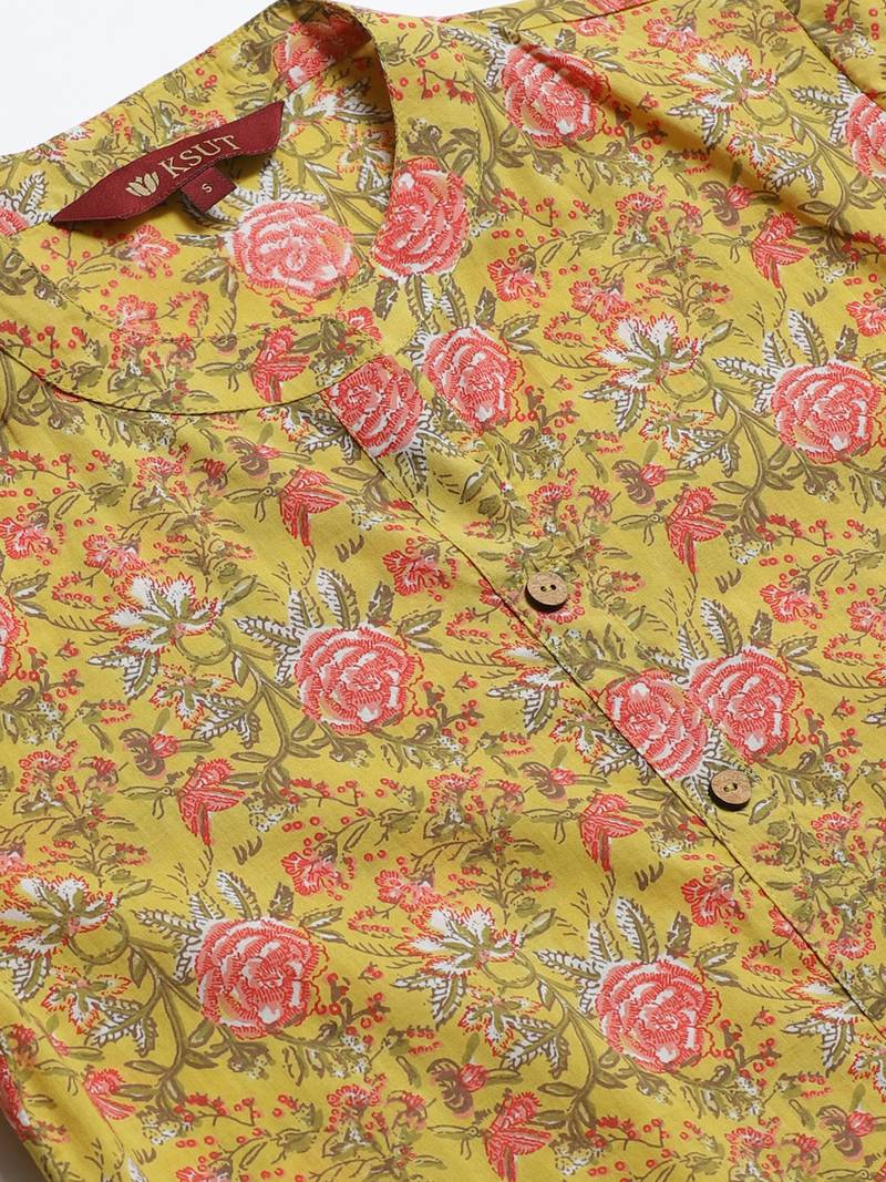 Yellow Cotton printed QUARTER SLEEVE kurti
