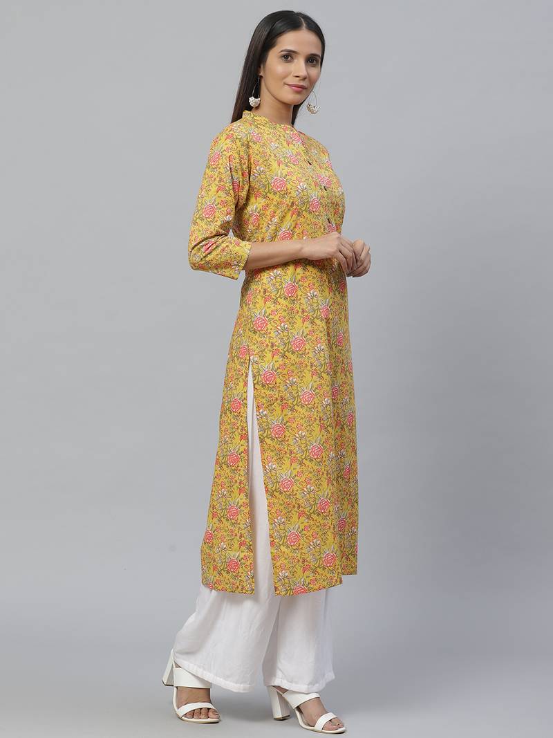 Yellow Cotton printed QUARTER SLEEVE kurti