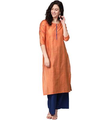 Orange Art Silk plain QUARTER SLEEVE kurti 1