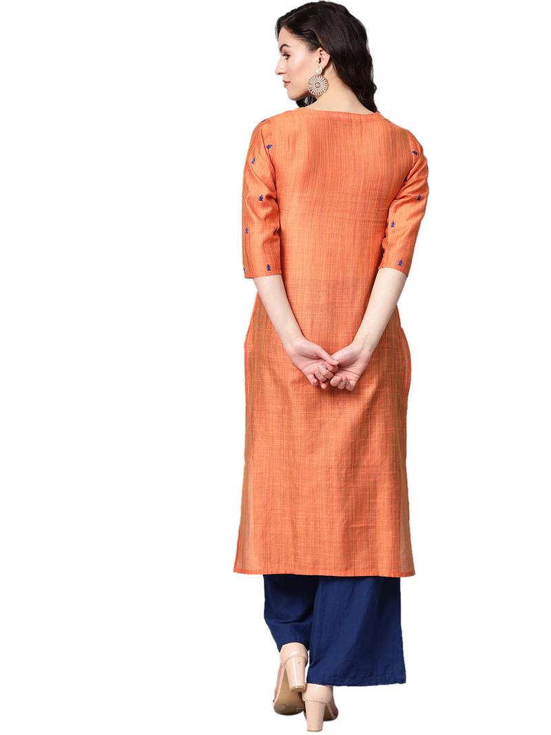 Orange Art Silk plain QUARTER SLEEVE kurti