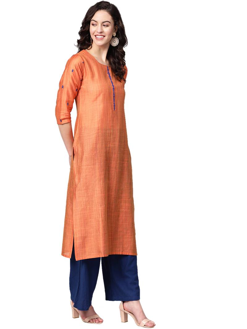 Orange Art Silk plain QUARTER SLEEVE kurti