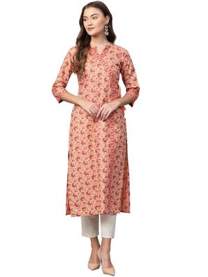 Peach Cotton printed QUARTER SLEEVE kurti 1