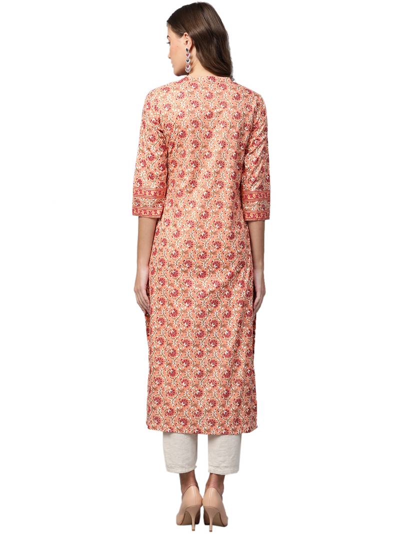 Peach Cotton printed QUARTER SLEEVE kurti
