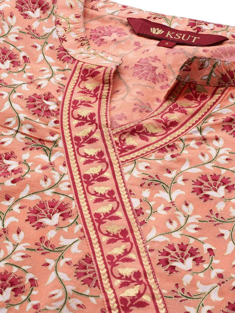 Peach Cotton printed QUARTER SLEEVE kurti