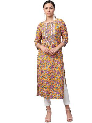 Yellow Cotton printed QUARTER SLEEVE kurti 1