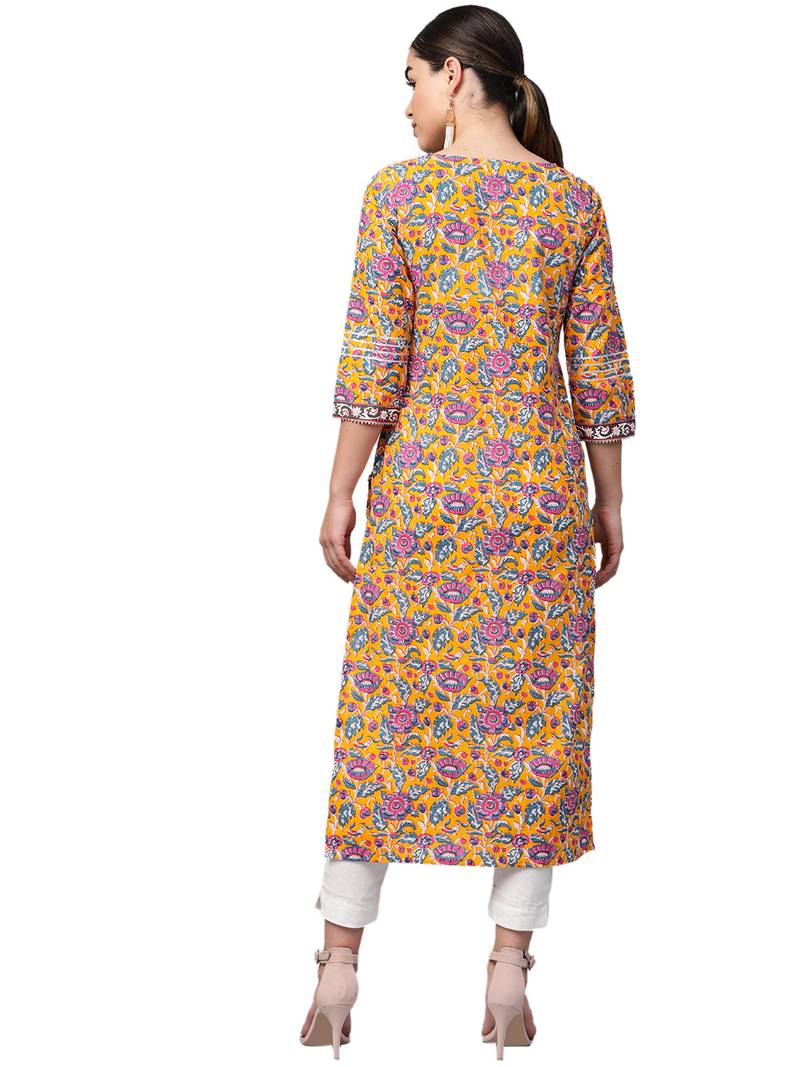 Yellow Cotton printed QUARTER SLEEVE kurti