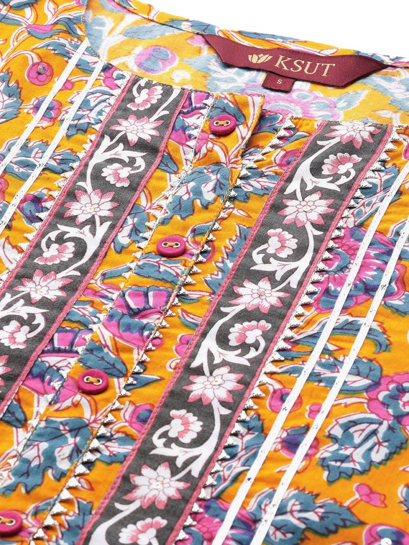Yellow Cotton printed QUARTER SLEEVE kurti