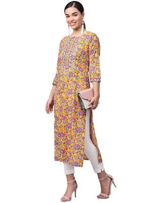 Yellow Cotton printed QUARTER SLEEVE kurti 4