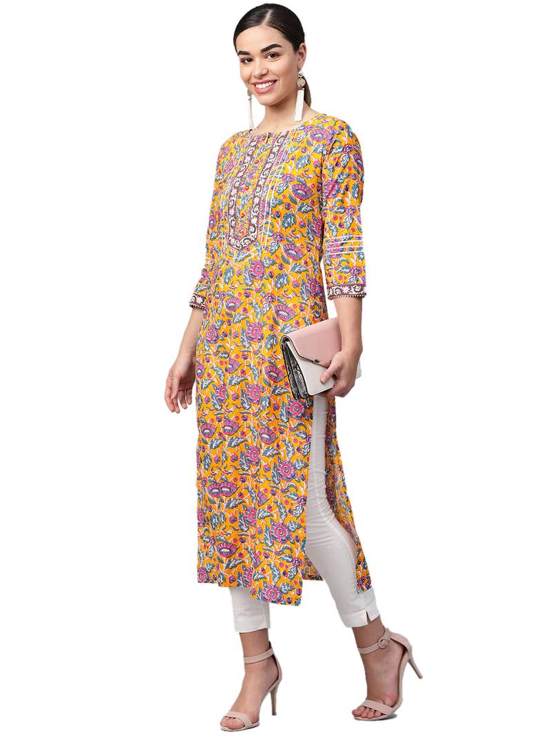 Yellow Cotton printed QUARTER SLEEVE kurti