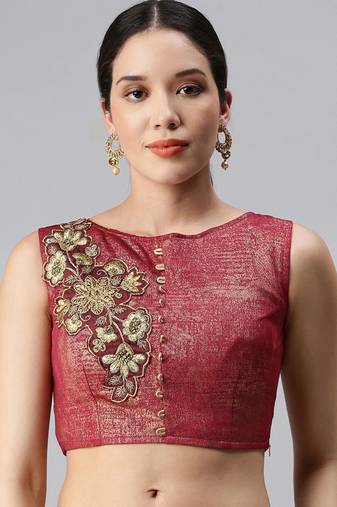 Women Maroon Readymade Embroidered Art Silk Saree Blouse