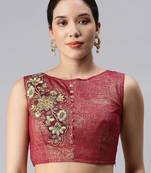 Women Maroon Readymade Embroidered Art Silk Saree Blouse