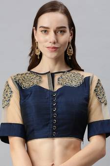 Women Navy Blue Readymade Embroidered Art Silk Saree Blouse