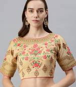 Women Beige Readymade Embroidered Art Silk Saree Blouse