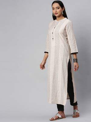 Off White And Black Polka Dot Woven Straight Kurta 3