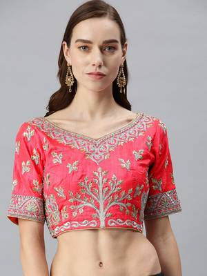 Women Pink Readymade Embroidered Art Silk Saree Blouse 1