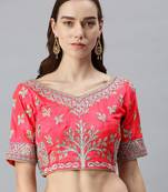 Women Pink Readymade Embroidered Art Silk Saree Blouse