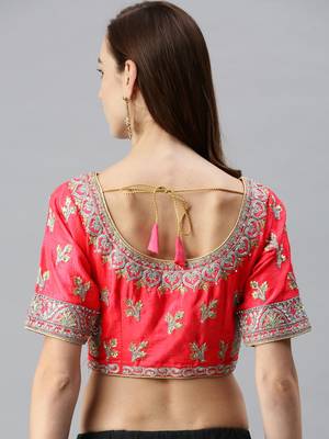 Women Pink Readymade Embroidered Art Silk Saree Blouse 2