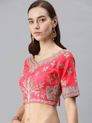 Women Pink Readymade Embroidered Art Silk Saree Blouse 3