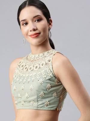 Gray Net Thread Embroidered Readymade Sleeveless Blouse 3