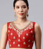 Women Red Readymade Embroidered Art Silk Saree Blouse