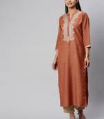 Rust And Cream Mirror Work Embroidery Yoke Kurta With 3/4Th Sleeves