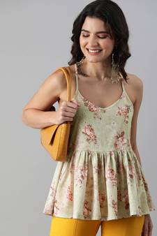 Women Light Green Floral Printed Crepe Sleeveless Top