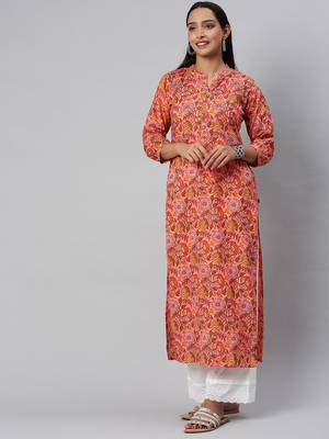 Peach And Mustard Floral Printed Straight Kurta With Handwork On Yoke 1