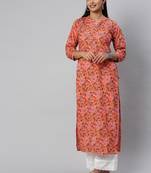 Peach And Mustard Floral Printed Straight Kurta With Handwork On Yoke