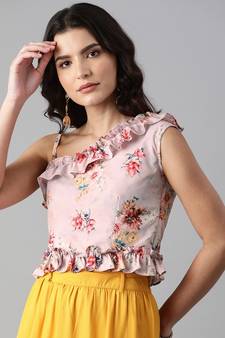 Women Peach Floral Printed Off Shoulder Crepe Top