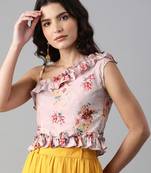 Women Peach Floral Printed Off Shoulder Crepe Top