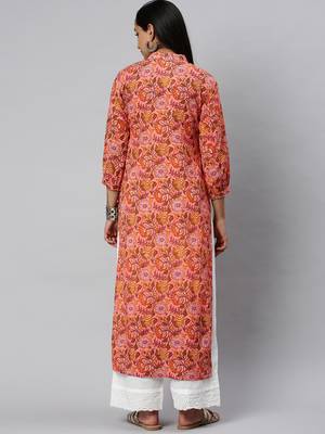 Peach And Mustard Floral Printed Straight Kurta With Handwork On Yoke 2