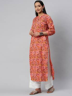 Peach And Mustard Floral Printed Straight Kurta With Handwork On Yoke 3