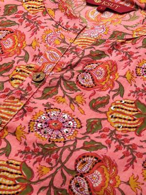 Peach And Mustard Floral Printed Straight Kurta With Handwork On Yoke 4