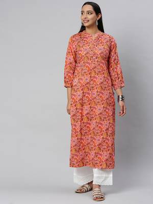 Peach And Mustard Floral Printed Straight Kurta With Handwork On Yoke 5