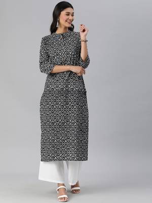 Black And White Abstract Printed Straight Kurta With 3/4Th Sleeves 1
