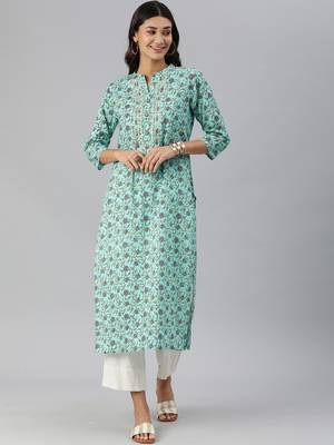 Blue And Voilet Floral Printed Straight Kurta With Gota Work On Yoke 1