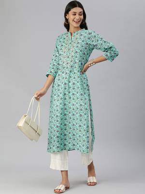Blue And Voilet Floral Printed Straight Kurta With Gota Work On Yoke 5