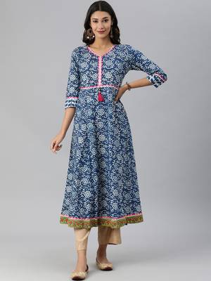 Blue Floral Printed Ananrkali Kurta With Gota Embellieshment 1