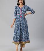 Blue Floral Printed Ananrkali Kurta With Gota Embellieshment