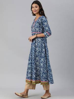 Blue Floral Printed Ananrkali Kurta With Gota Embellieshment 3