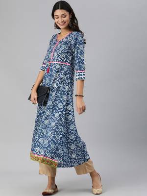 Blue Floral Printed Ananrkali Kurta With Gota Embellieshment 5