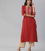red and gold block printed straight kurta with 3/4th sleeves