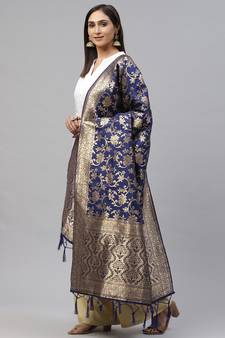flaher Navy Blue  Golden Woven Design Banarasi Dupatta