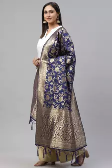 flaher Navy Blue  Golden Woven Design Banarasi Dupatta