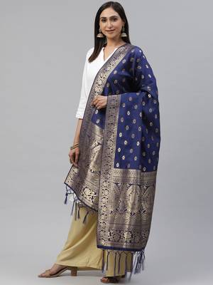 flaher Navy Blue  Golden Woven Design Banarasi Dupatta 1