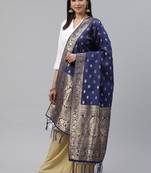 flaher Navy Blue  Golden Woven Design Banarasi Dupatta