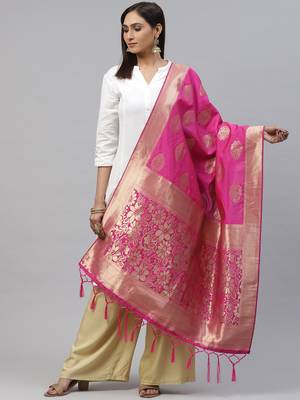 flaher Pink  Golden Woven Design Banarasi Dupatta 1