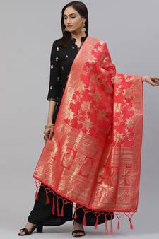 flaher Coral Red  Golden Woven Design Banarasi Dupatta